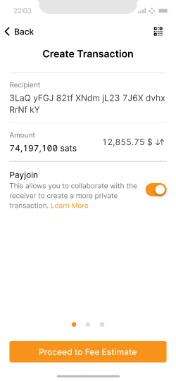 A create transaction screen displaying an address, amount, a payjoin toggle enabled by default with a Proceed to Fee Estimate button.