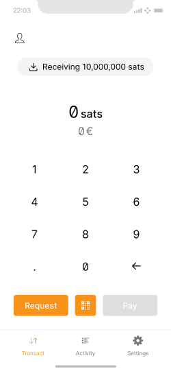 Home screen with notification about incoming payment of 10,000,000 sats