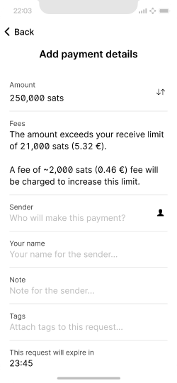 Screen showing no fees being charged for this payment request as its lower than their receive limit.