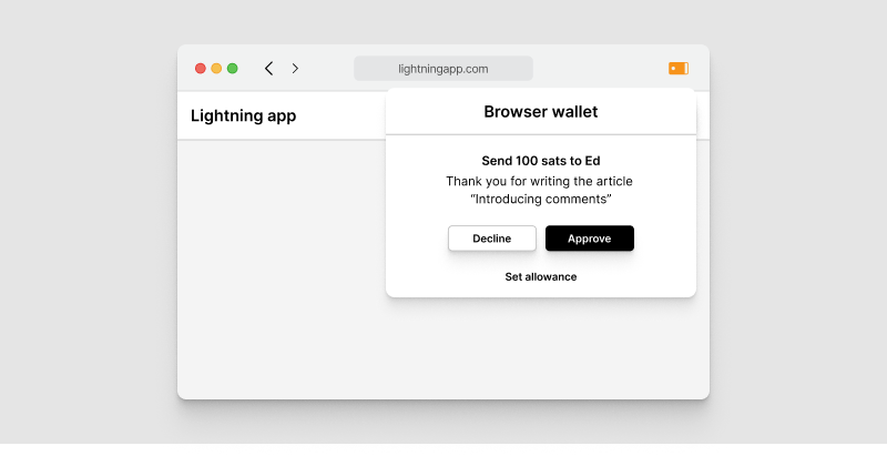 Browser window with a modal for confirming a payment of 100 satoshi