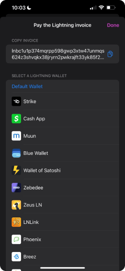 A mobile screen showing a lightning invoice and a list of wallets to choose from.