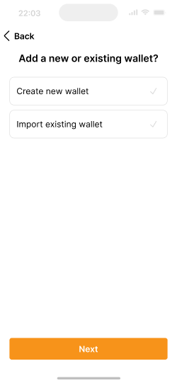 Option screen for choosing to create or import a wallet