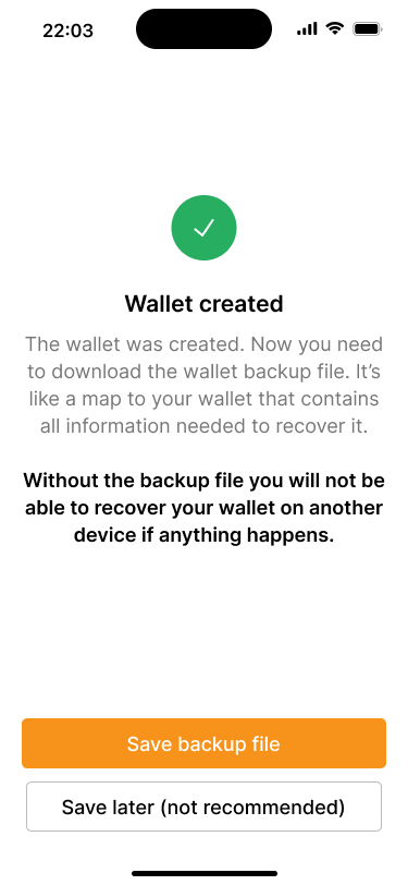 Success screen informing the user that the wallet has been created and he should download the backup file.