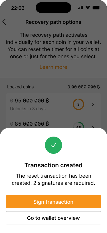 Confirmation screen indicating that the transaction has been created and is ready for signing.