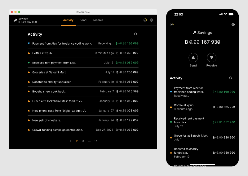 Side-by-side desktop and mobile screens of the activity screen with lists of transactions