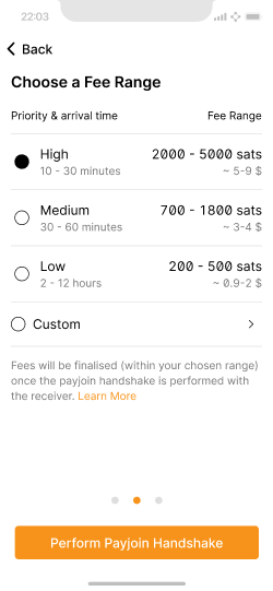 A fee range selection screen presenting 3 options with associated confirmation estimates. Help text informs the user that the fees will be finalized once the payjoin process is done.