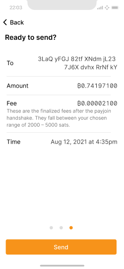 A pre-sending review screen showing the finalised fee after the payjoin handshake is completed.