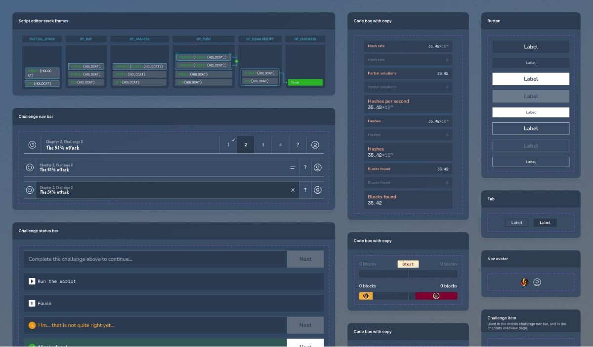 Design system interface elements for Saving Satoshi, featuring dark-themed UI components including a script editor with stack frames, challenge navigation bars, status indicators, code boxes with copy buttons, navigation tabs, and various button styles.