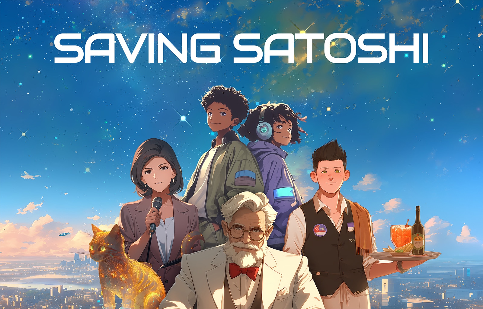 Anime-style promotional art showing five diverse characters and a cat against a twilight cityscape, with 'SAVING SATOSHI' in large white text above.