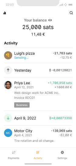 Smartphone screen showing a mix of user transactions with minimal and rich information