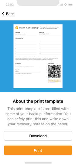 Screen showing a picture of a print template with print and download buttons