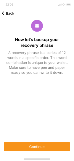 Screen with a description of what a recovery phrase is