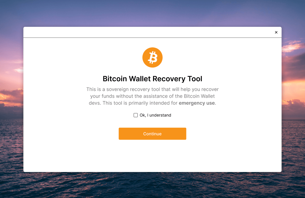 Desktop computer screen showing a bitcoin walet recovery tool for emergency situations
