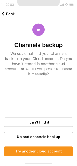 Screen describing how a channel backup couldn't be found, with a list of options