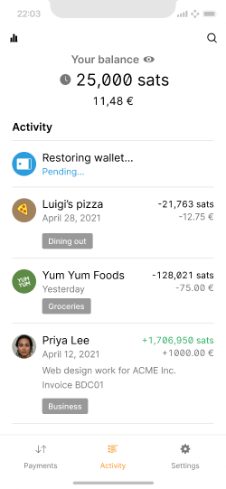 Screen showing the wallet homescreen with pending indicators