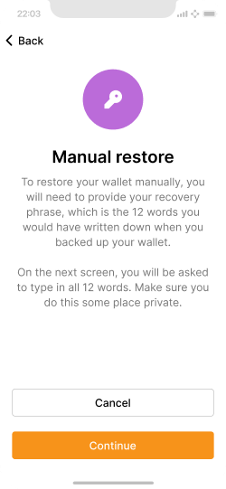 Screen showing description of manual restore