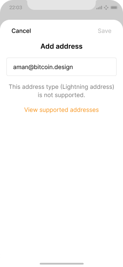 Add address screen indicating that an address format is not supported