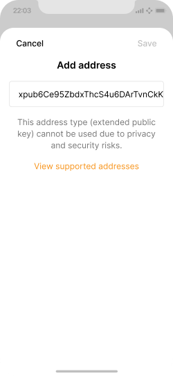 Add address screen showing that an address can't be used