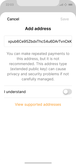 Add address screen with a warning users need to accept