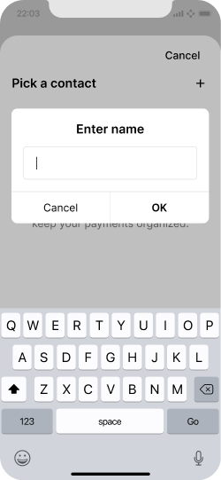 Screen asking the user to enter a name for a new contact
