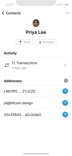 Contact screen with multiple transactions and addresses