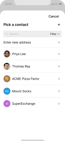 Screen with a list of contacts to choose from