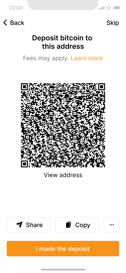 Screen showing a receive address, QR code, and share options