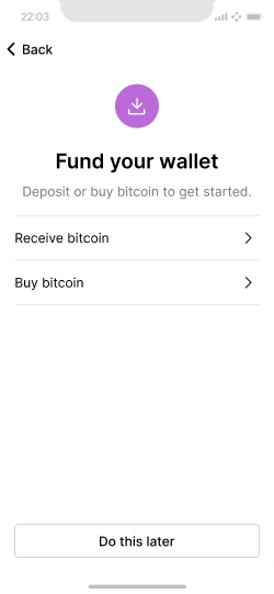 Screen with receive and buy bitcoin options for funding the wallet