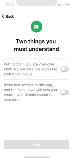 Screen with two options for the user to confirm about controlling the wallets private keys