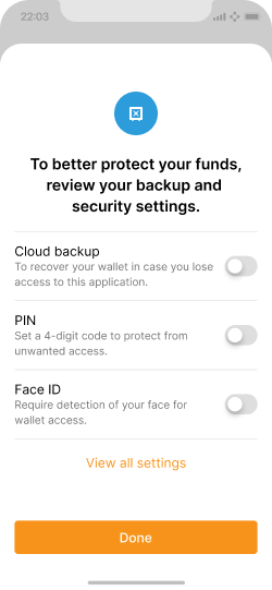 Screen with options and a reminder to adjust security and private settings