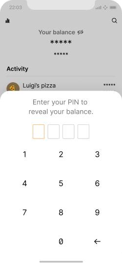 A gif showing a mobile interface where hidden information is revealed with a PIN