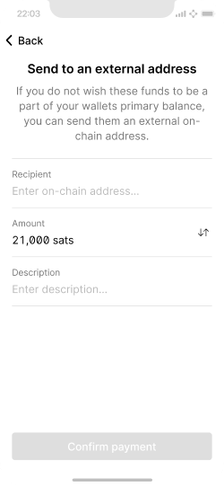 Screen showing a form to send to an external on-chain address.