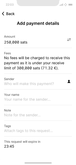 Screen showing no fees being charged for this payment request as its lower than their receive limit.