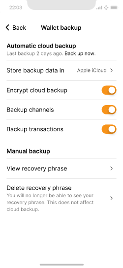 App settings screen for wallet backup with an option to delete the recovery phrase