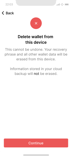 Screen to confirm wallet deletion