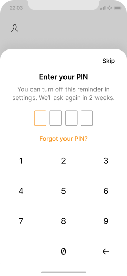 Mobile screen requesting the user to enter their PIN
