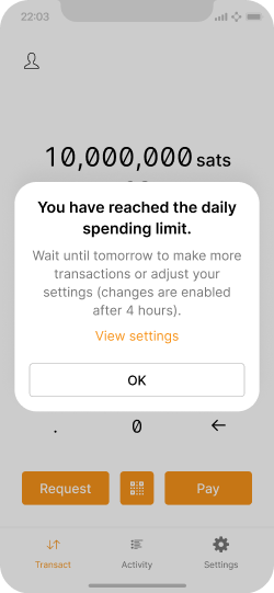 Wallet home screen with an overlay explaining that the daily spending limit was reached