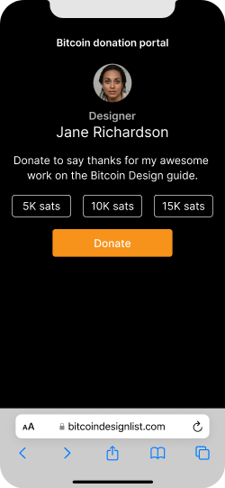 A website with a single donation option for a bitcoin designer