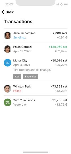 Transaction history screen showing payments with various different statuses