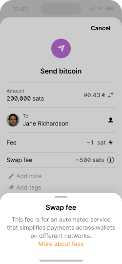 Send page with an overlay explaining swap fees.