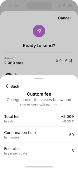 Customization options in a fee picker modal.