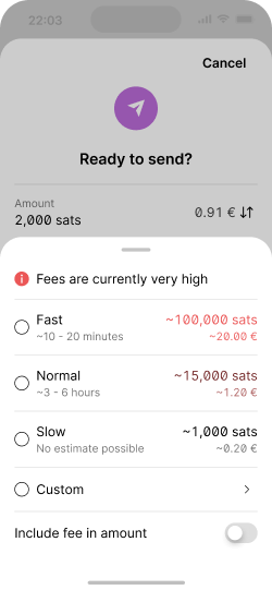 Screen showing a fee picker for an onchain transaction with high fee options marked in red
