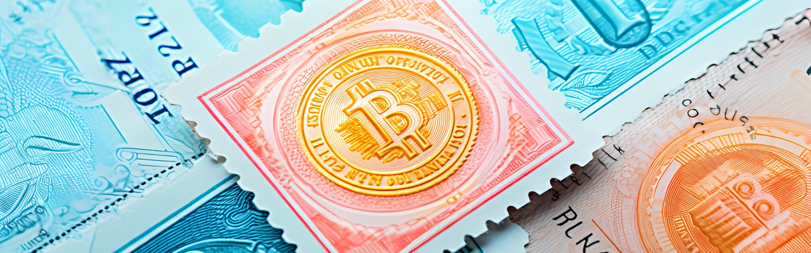 A postage stamp with a bitcoin symbol on it