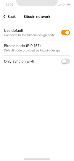 Mobile screen with bitcoin network customization options