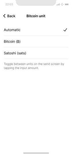 Mobile screen with automatic, bitcoin, and satoshi options