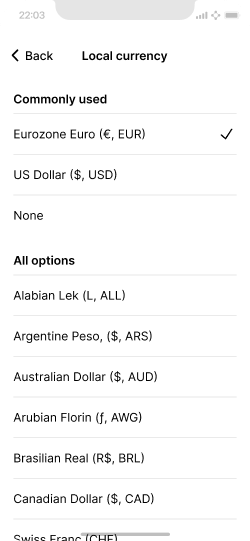 Mobile screen with a list of currencies to choose from