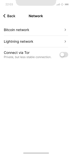 Mobile screen with bitcoin and lightning network, as well as Tor options