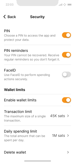 Mobile screen with PIN, FaceID, wallet deletion and wallet limit options