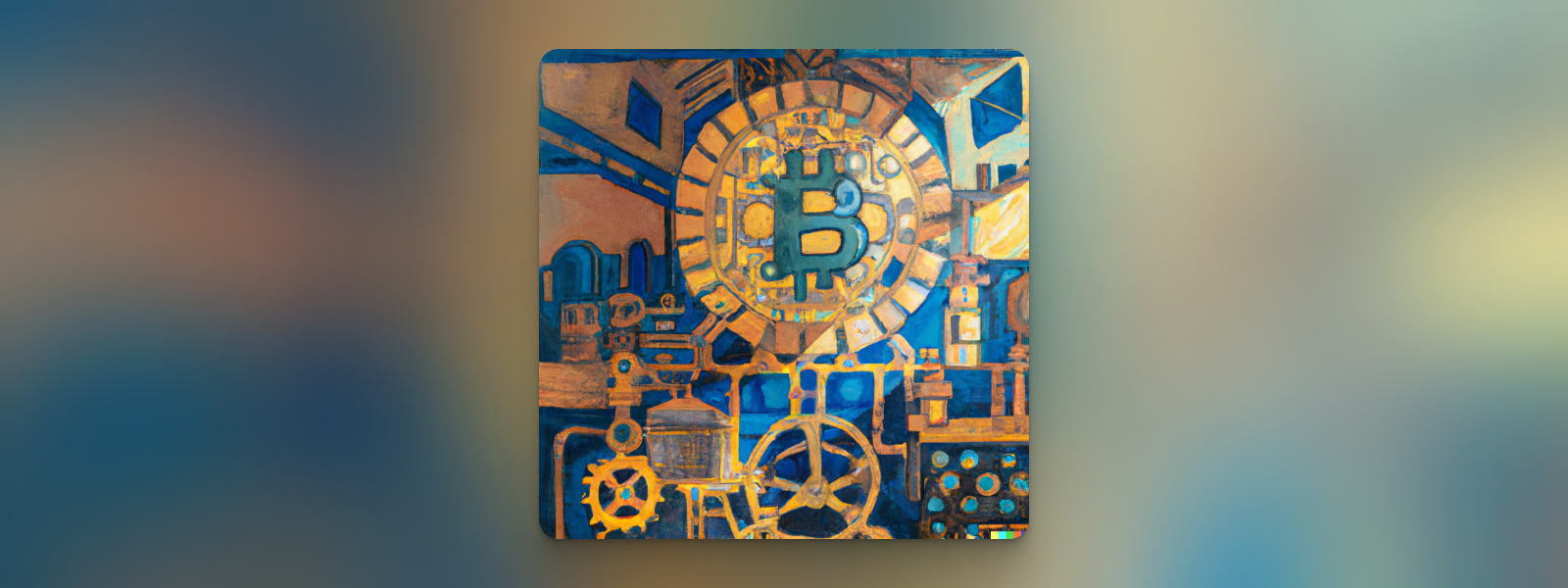 An oil painting of a big, clunky machine with a big bitcoin gear