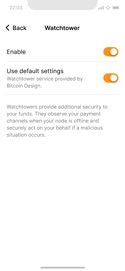 Mobile screen with lightning network watchtower options